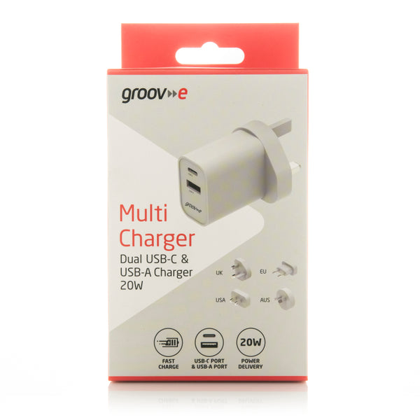 Groov-e USB-C & USB-A Mains Charger 20W with Worldwide Travel Adaptors - White - GVMA113WE