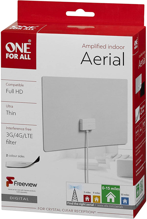 One For All Ultra Flat Amplified Indoor Digital TV Aerial | Freeview and Analogue TV Signals within a range of 15 miles - SV9440
