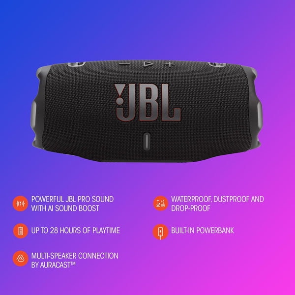JBL Charge 6 Wireless Portable Bluetooth Speaker, 28hr Playtime, IP68 Waterproof with AI Sound Boost