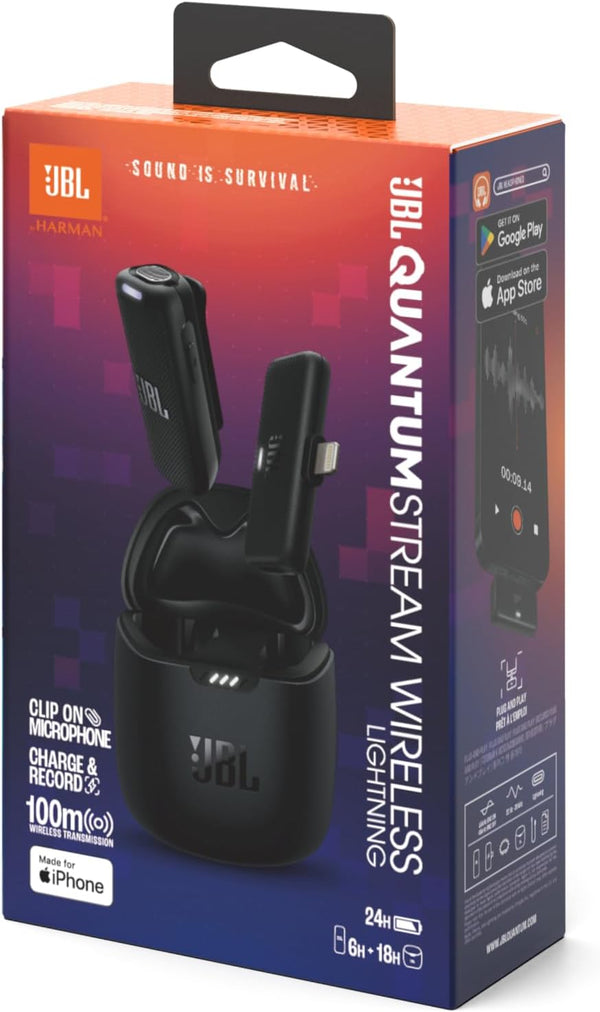 JBL Quantum Stream Wireless Wearable Streaming Microphone with Lightning Dongle for Apple Devices, 24 Hours of Recording Time - Black