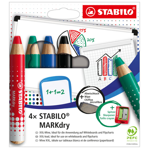 Stabilo MARKdry Whiteboard & Flipchart Markers with Sharpener + Wiping Cloth - 648/4-5