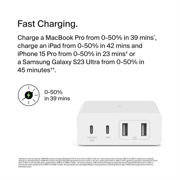 Belkin 108W GaN USB Fast Charging Station for Multiple Devices | 2 USB-C, 2 USB-A Ports - White