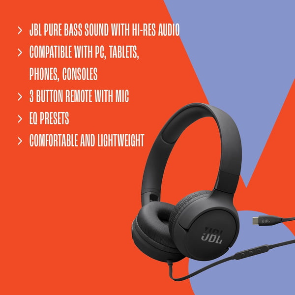 JBL Tune 520C USB-C Comfort Fit Wired On Ear Headphones with USB-C Connection
