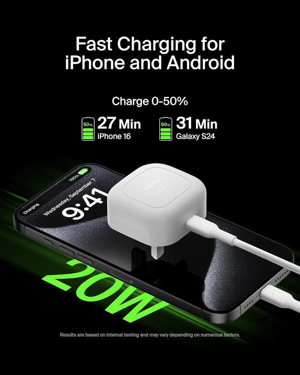 Belkin BoostCharge 20W Cubic Wall Charger USB-C Power Delivery Fast Charging - White