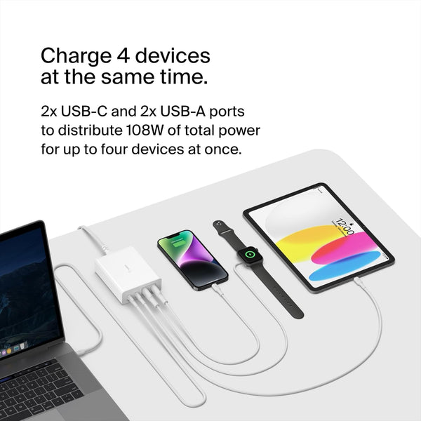 Belkin 108W GaN USB Fast Charging Station for Multiple Devices | 2 USB-C, 2 USB-A Ports - White