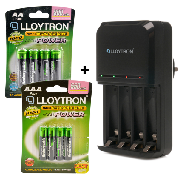 Lloytron 3-Piece Rechargeable Battery Bundle | Includes 4x AA, 4x AAA + Mains Battery Charger - B011 / B014 / B1502
