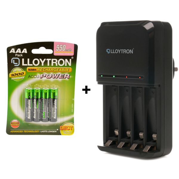 Lloytron 2-Piece Rechargeable Battery Bungle | Includes 4x AAA + Mains Battery Charger - B014 / B1502