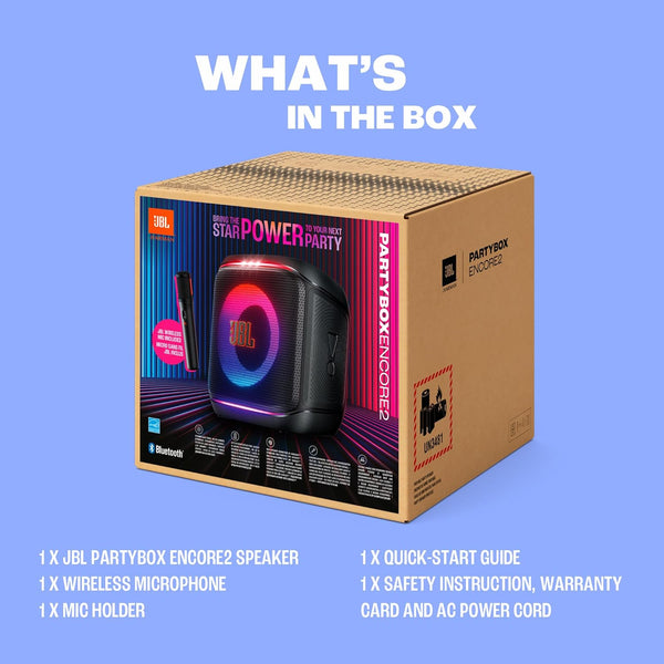 JBL Partybox Encore 2, Wireless Bluetooth Party Speaker with Wireless Mic, 15h Playtime, IPX4 - Black