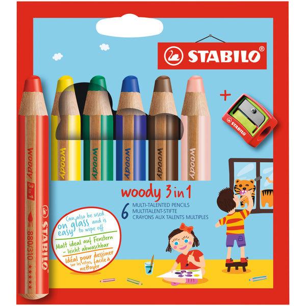 Stabilo Multi-Talented Pencil Woody 3 in 1 6pk Assorted Colours with Sharpener - 8806-2