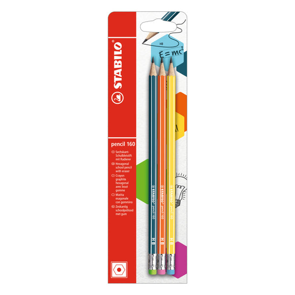 Stabilo Hexagonal Graphite Pencil with Eraser 3pk - Petrol, Orange, Yellow - HB -  B-50498-10
