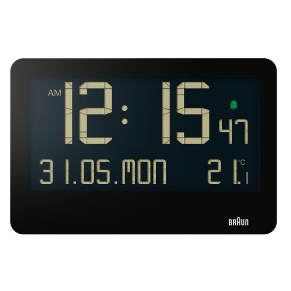 Braun Digital Wall Clock with Indoor Temperature, Large Reverse LCD Display- Black - BC14B
