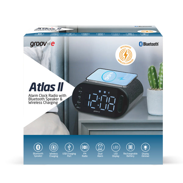 Groov-e Atlas II Alarm Clock Radio with Bluetooth Speaker & Wireless Charging Pad - GVCR06BK