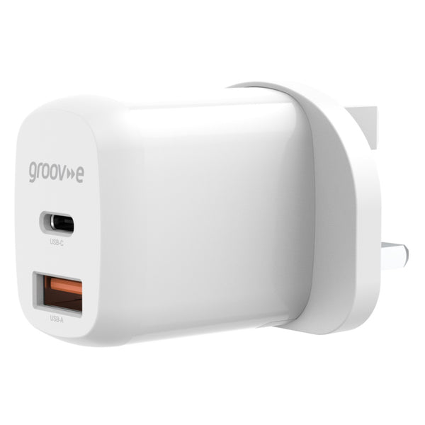 Groov-e Dual USB-C & USB-A Mains Charger 20W Power Delivery - White - GVMA105WE