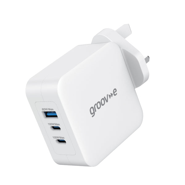 Groov-e Dual USB-C & USB-A 100W GaN Wall Charger with Power Delivery - White - GVMA110WE
