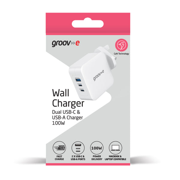 Groov-e Dual USB-C & USB-A 100W GaN Wall Charger with Power Delivery - White - GVMA110WE