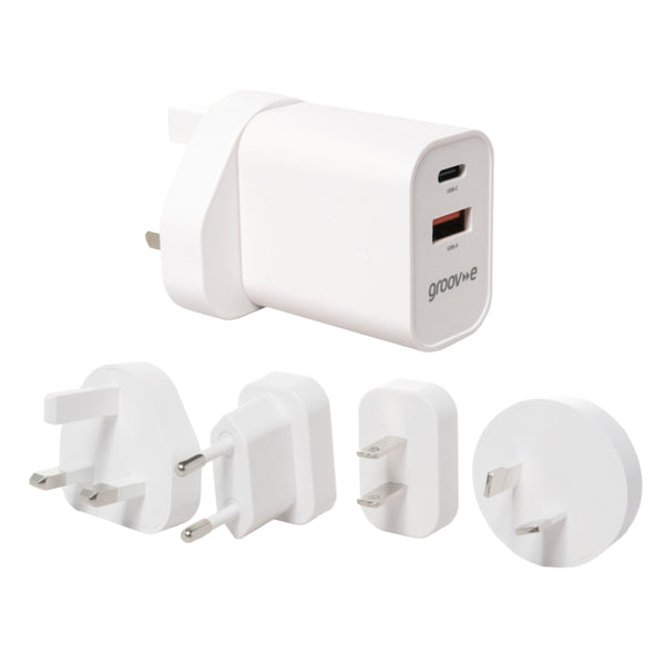 Groov-e USB-C & USB-A Mains Charger 20W with Worldwide Travel Adaptors - White - GVMA113WE