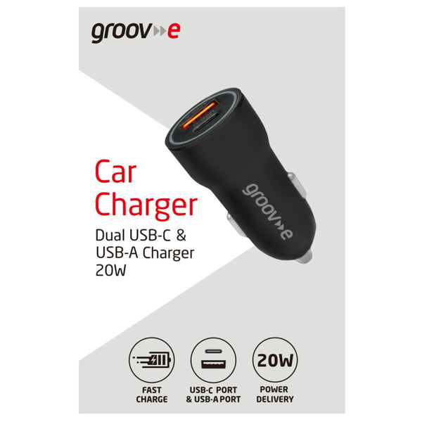 Groov-e Dual USB-C & USB-A Car Charger 20W - Black - GVMA124BK