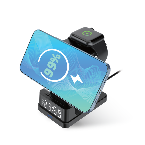 Groov-e Asteria 4-in-1 Wireless Charging Station with Alarm Clock - Black - GVWC09BK