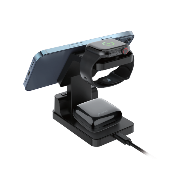 Groov-e Asteria 4-in-1 Wireless Charging Station with Alarm Clock - Black - GVWC09BK