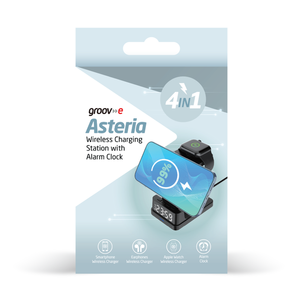 Groov-e Asteria 4-in-1 Wireless Charging Station with Alarm Clock - Black - GVWC09BK