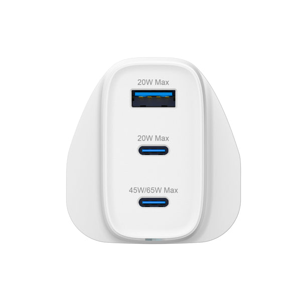 Groov-e Dual USB-C & USB-A 65W GaN Wall Charger with Power Delivery - White - GVMA109WE
