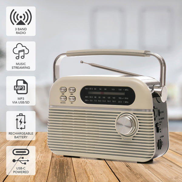 Lloytron 3 Band Bolero Rechargeable Portable Radio + MusicStream - Cream - N6405CR