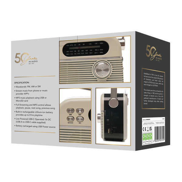 Lloytron 3 Band Bolero Rechargeable Portable Radio + MusicStream - Cream - N6405CR