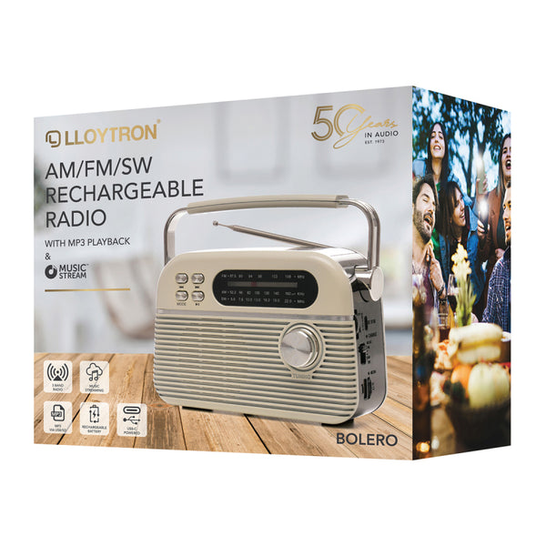 Lloytron 3 Band Bolero Rechargeable Portable Radio + MusicStream - Cream - N6405CR