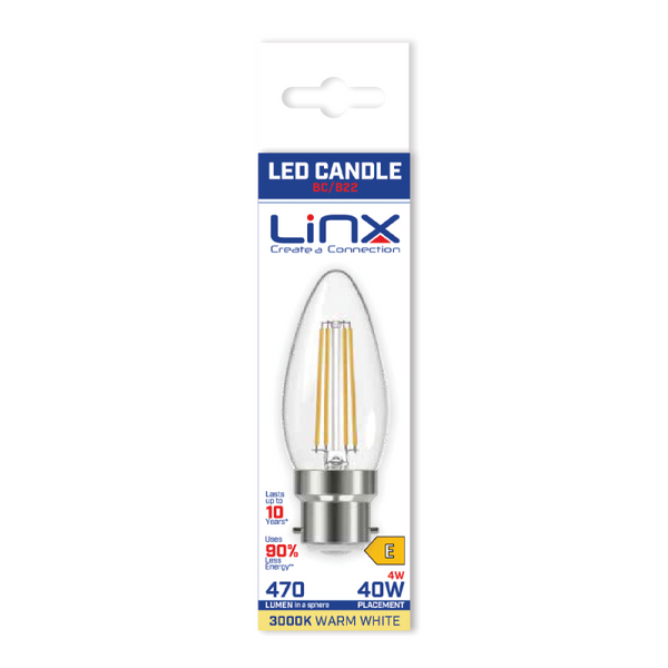 Linx C37 Candle Clear B22 / E14 4W LED Filament Bulb - LX00