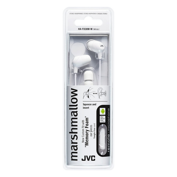 JVC HAFX38M Marshmallow Custom Fit In-Ear Headphones with Remote & Mic - White - HA-FX38M-W