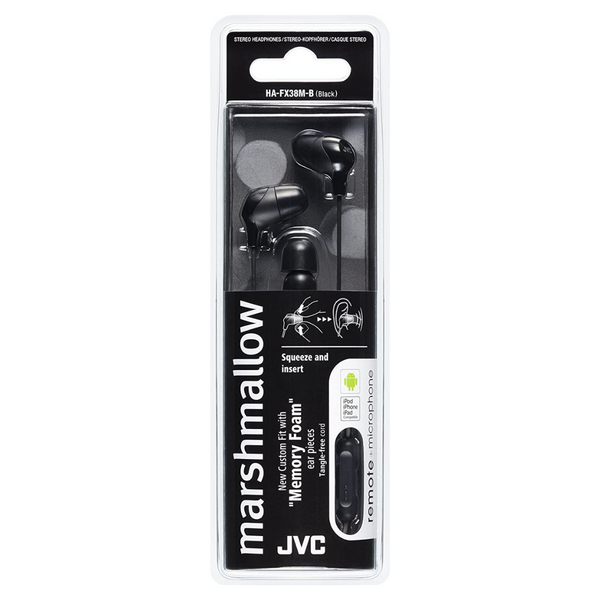 JVC HAFX38M Marshmallow Custom Fit In-Ear Headphones with Remote & Mic - Black - HA-FX38M-B