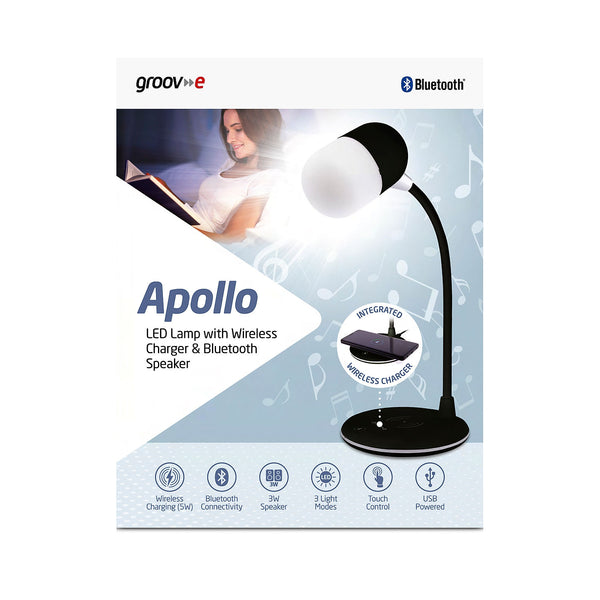 Groov-e Apollo Touch Control 3 in 1 LED Desk Lamp with Built-In Wireless Charger & Bluetooth Speaker - Black - GVWC02
