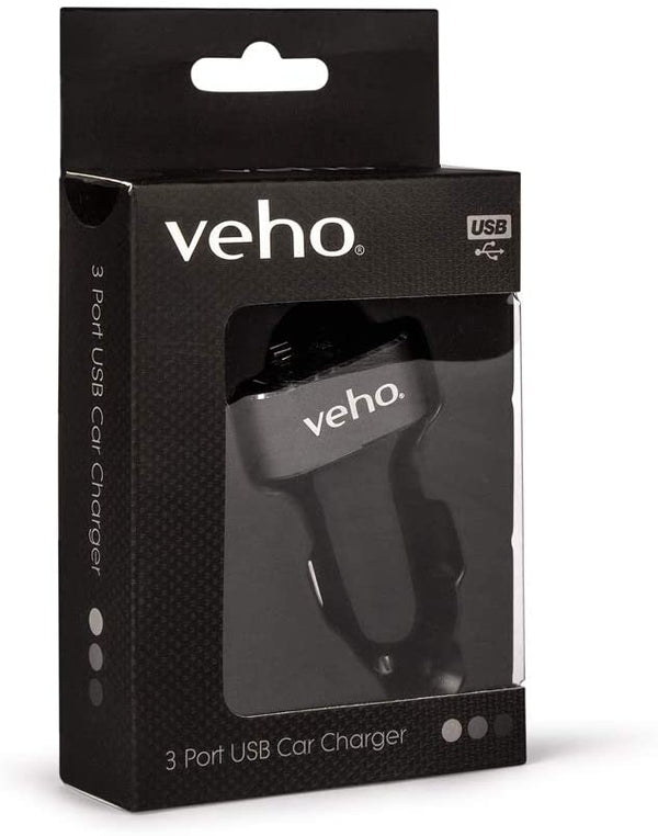 Veho Triple USB 5V 5.1A In-Car Charger for USB Cables | 3 Port - VAA-010