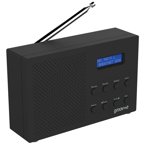 Groov-e Paris Portable DAB/FB Digital Radio with 20 Preset Stations, LCD Display, Dual Alarm & Headphone Input - Black - GVDR03BK