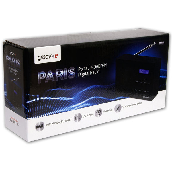 Groov-e Paris Portable DAB/FB Digital Radio with 20 Preset Stations, LCD Display, Dual Alarm & Headphone Input - Black - GVDR03BK