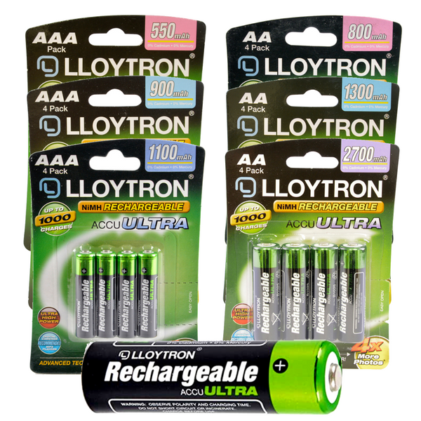 Lloytron Rechargeable AA & AAA Ni-Mh Batteries Accuultra | Various mAh - 4 Packs