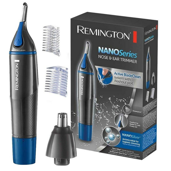 Remington NE3850 Mens Battery Operated Nose, Ear and Eyebrow Hair Trimmer Showerproof - Blue/Grey