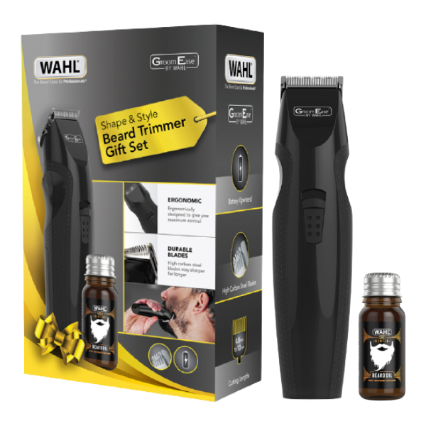 Wahl GroomEase Shape & Style Beard Trimmer Gift Set | Beard Trimmer & Beard Oil - Black - 5606-800