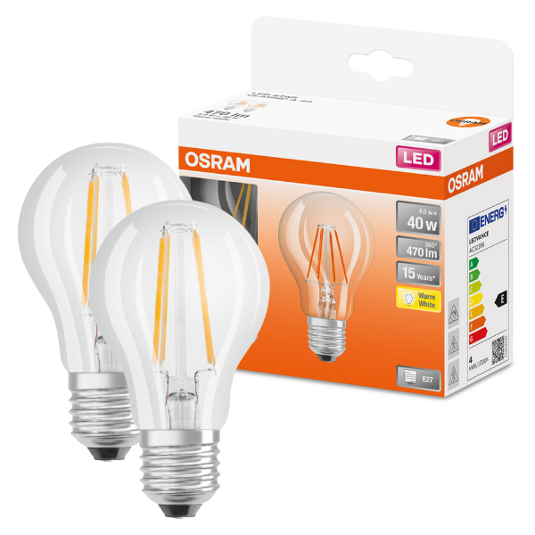 Osram LED E27 Filament Glass GLS ES Light Bulb Clear 40W (2 Pack) - Warm White - LV330214