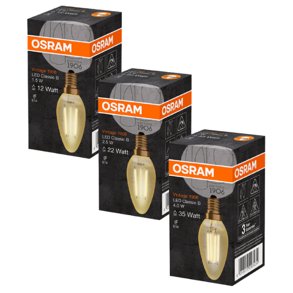 Osram 1906 LED E14 Vintage Filament Glass Candle Light Bulb | 12W, 22W or 35W - Gold