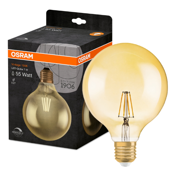 Osram 1906 LED E27 Vintage Filament Glass ES Bulb Globe Dimmable 51W - Gold - LV808997