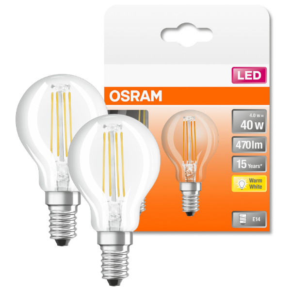 Osram LED E14 Filament Glass SES Light Bulb Clear 40W (2 Pack) - Warm White - LV434288