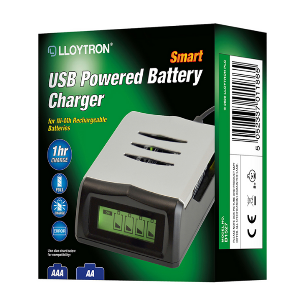 Lloytron Smart USB Powered AA/AAA Battery Charger for Ni-MH Rechargeable Batteries - Silver - B1527