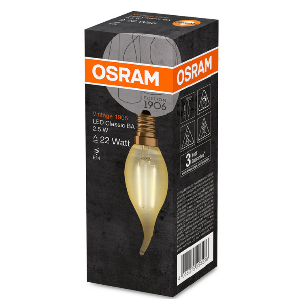 Osram 1906 LED E11 Vintage Filament Glass SES Light Bulb Candle 21W - Gold - LV293236