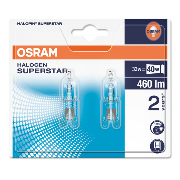 Osram Halogen G9 Capsule Light Bulb Clear 33W (2 Pack) - Warm White - LV195370