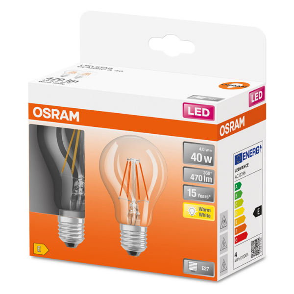 Osram LED E27 Filament Glass GLS ES Light Bulb Clear 40W 2 Pack Wa