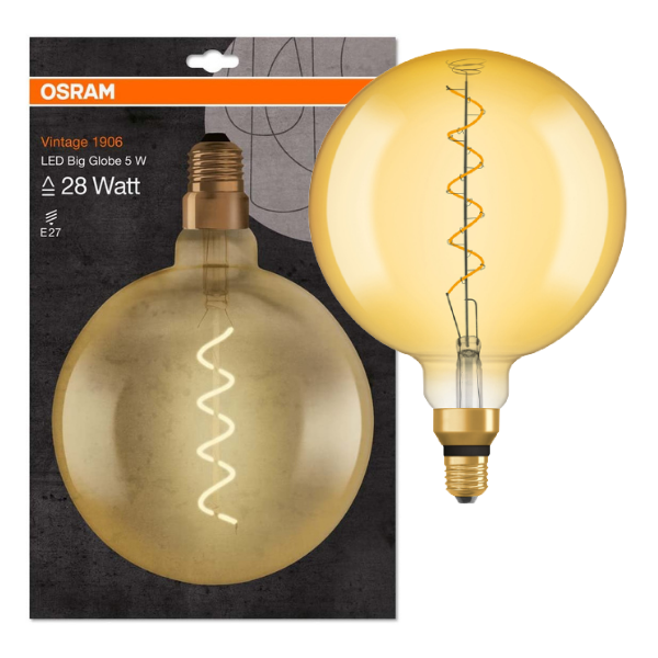 Osram 1906 LED E27 Vintage Spiral Filament Large Globe Glass Light Bulb 28W - Gold or Smoke