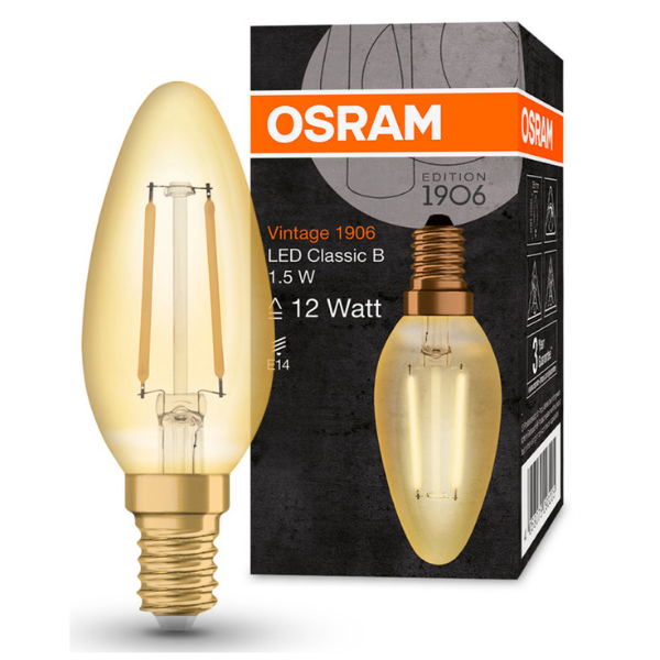 Osram 1906 LED E14 Vintage Filament Glass Candle Light Bulb | 12W, 22W or 35W - Gold