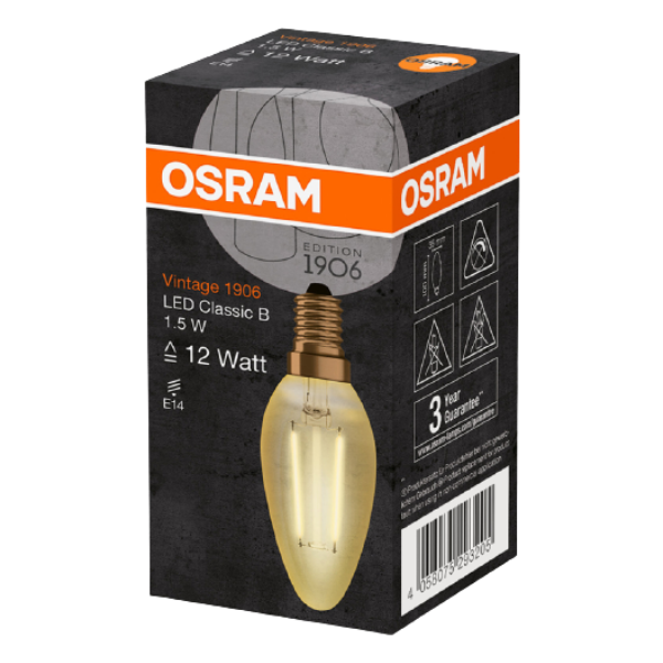 Osram 1906 LED E14 Vintage Filament Glass Candle Light Bulb | 12W, 22W or 35W - Gold