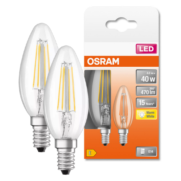 Osram LED E14 Filament Clear Glass SES Light Bulb Candle 40W (2 Pack) - Warm White - LV330511